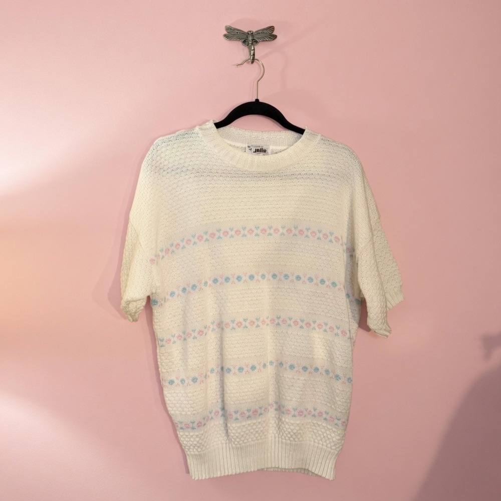 Vintage Buttery Soft White & Pink Pastel Coquette‎ Cotttagecore Knit Sweater 22W